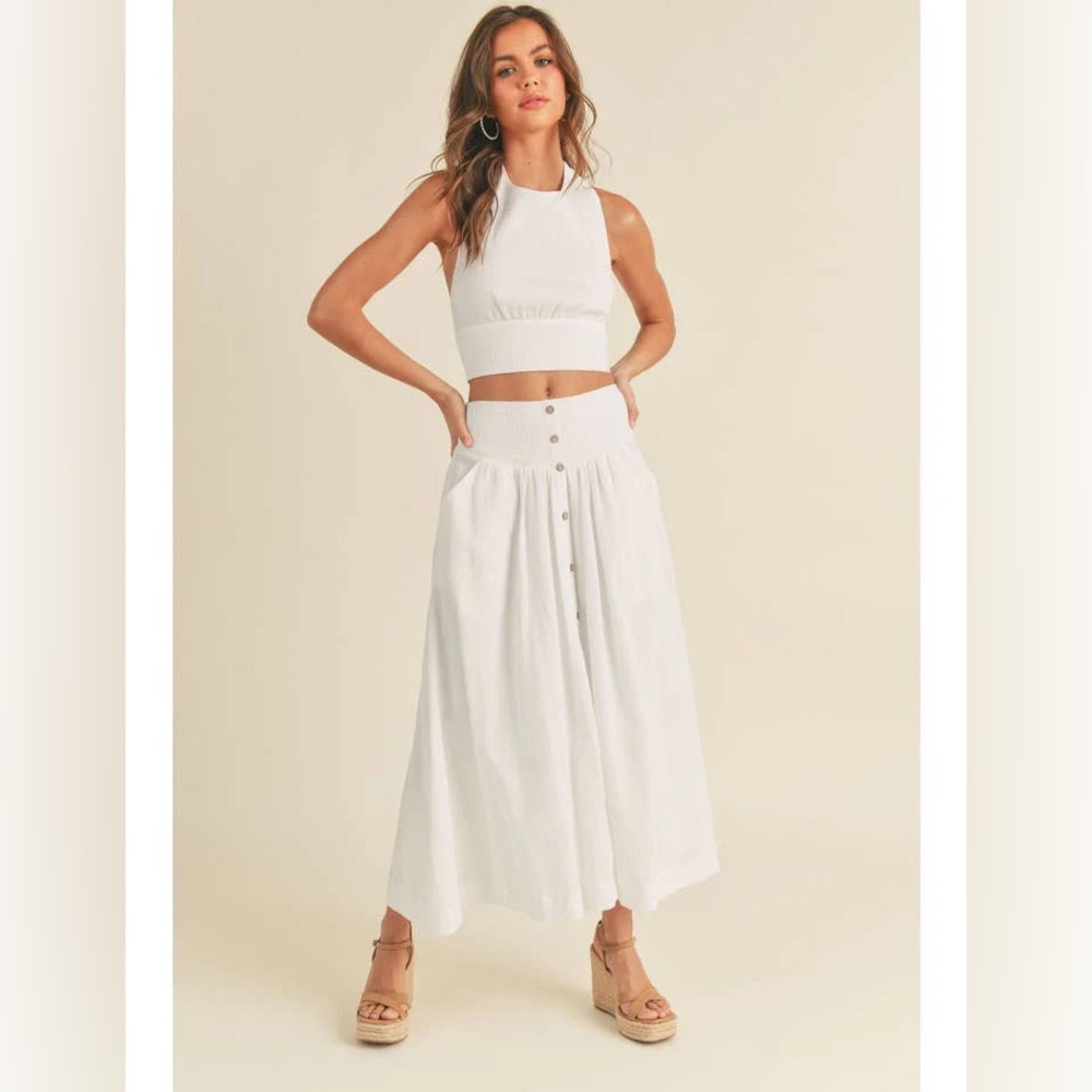 Robertson + Rodeo White Cotton Linen Button Down Skirt & Top Set